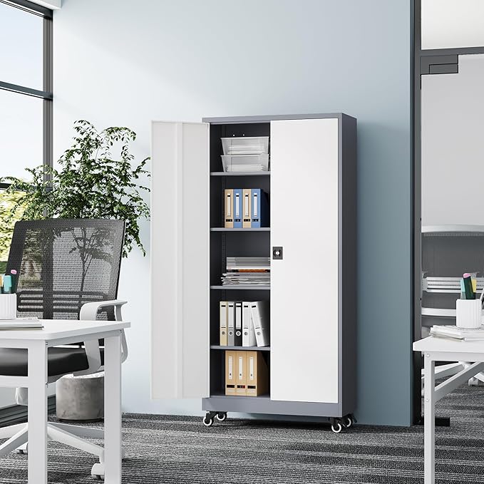 Metal Rolling Storage Cabinet-74.6” Tall Steel File Cabinets with Wheels Lockable Doors and Adjustable Shelves-Gray & White Steel Storage Cabinet for Home, School, Office, Garage