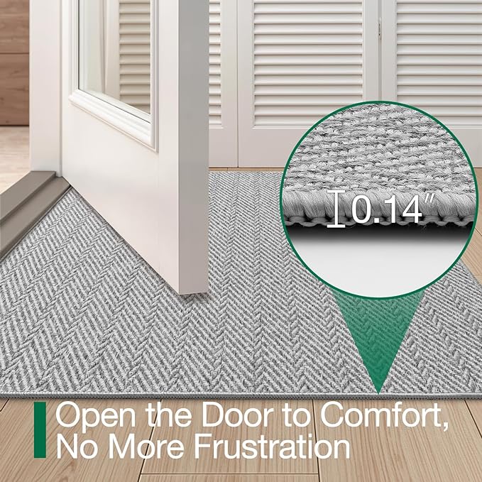 LUMI Ultra Thin Indoor Door Mat for Entrance 48"x72", Non Slip Entryway Mat, Low Profile Doormat, Unique Herringbone Design Carpet for Inside, Patio, Porch, Gray