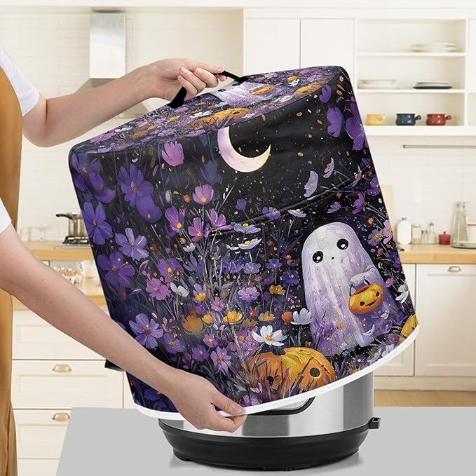 Purple Floral Halloween Ghost Dust Cover for Kitchen Accessories 3 Quart Pressure Cooker Air Fryer Rice Cooker Dust Cover with Top Handle and Storage Pocket