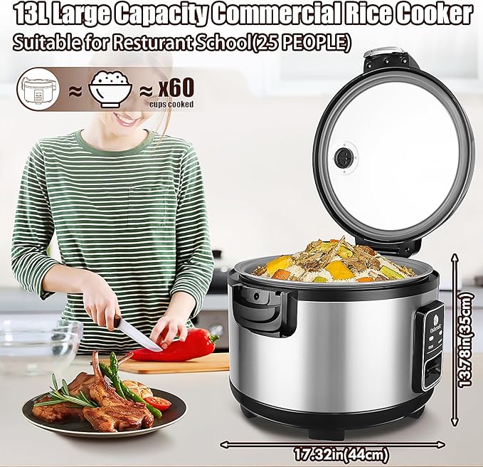 Commercial Rice Cooker & Warmer 60 Cups (Cooked),13.8 Qt / 13 Liter Large Capacity Rice Cooker,Auto Keep Warm,Non-Stick Inner Pot,One-Touch Operation,1350W Fast Cooking Electric Rice Cooker