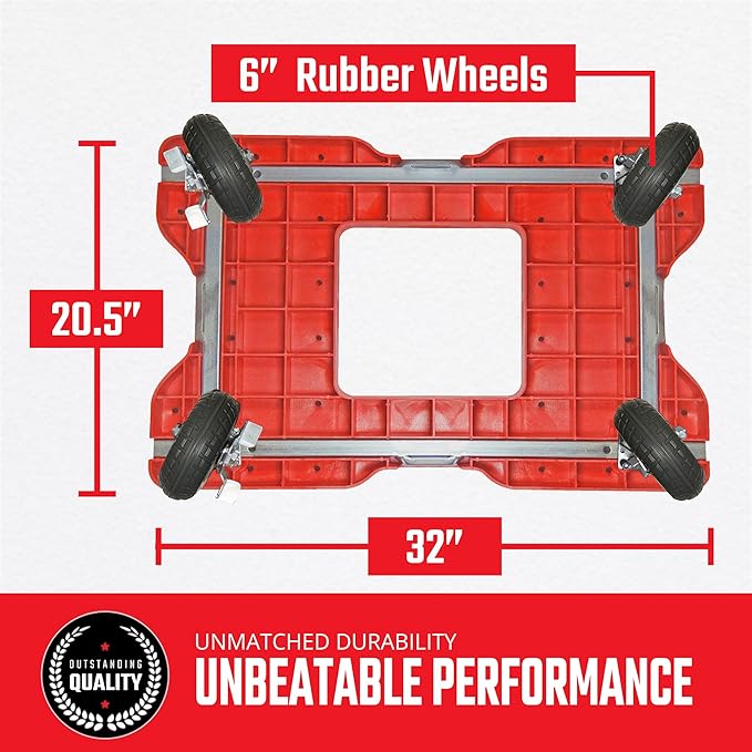 SNAP-LOC, All Terrain, 4 Wheel Dolly Heavy Duty Build, Dolly Cart, 6 Inch Casters, E Strap Attachment Included, 1,600 lb Capacity, Made in USA, Red