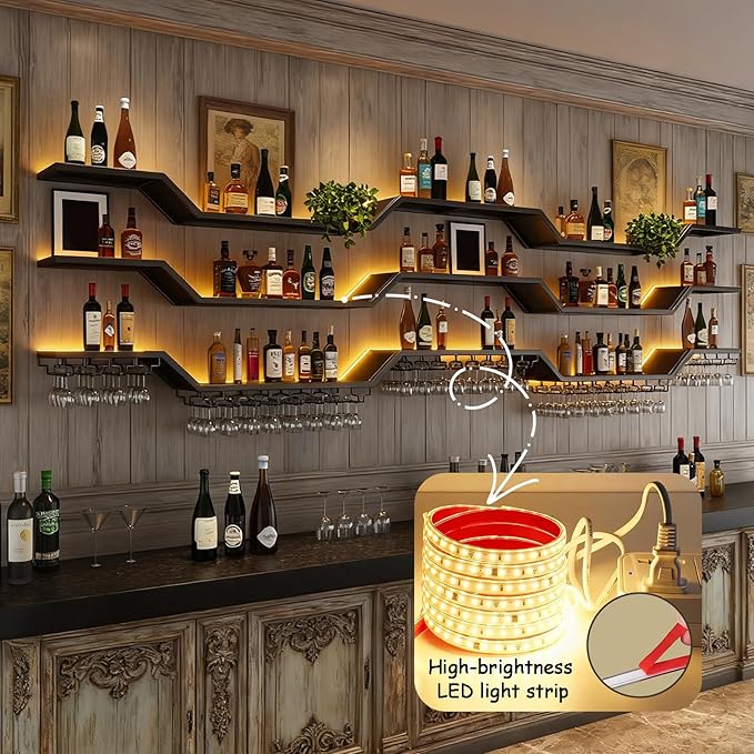 78.7in Modern LED Wine Rack Wall Mounted, 3-Tier Floating Bar Shelves with Wine Glass Rack, Large Hanging Liquor Shelf Wall Mounted, for Home Bar Dining Room Cafe Decorative (Black, 78.7in/200cm)