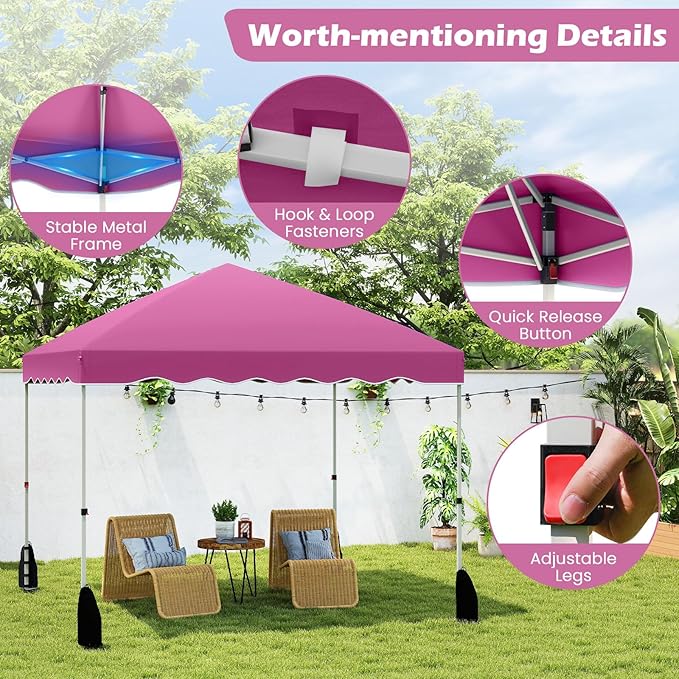 Tangkula 10x10 FT Pop Up Canopy, UPF50+ Easy Set up Instant Tent with Wheeled Bag, 8 Stakes, 4 Anchors, 4 Wind Ropes, 4 Sandbags, Heavy Duty Outdoor Canopy Tent 10x10 for Patio Party Backyard (Pink)