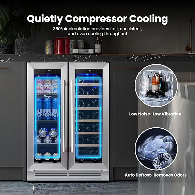Yeego 24 Inch Wine and Beverage Cooler - 36-72°F, Holds 60 Cans & 20 Bottles Adjustable Shelves Beverage Fridge, Stainless Steel with glass Door for Built-in for Kitchen/Bar