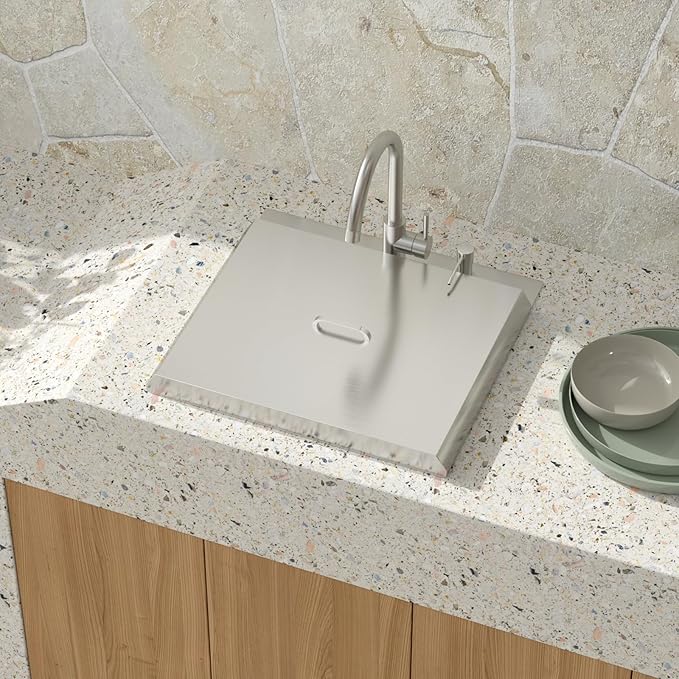 Outdoor Kitchen Sink - 21 x 20 Inch Outdoor Sink Drop In Workstation Stainless Steel 16 Gauge Topmount Single Bowl Small Wet Bar Sinks with Faucet & Premium Stainless Steel Cover #TLT-0030