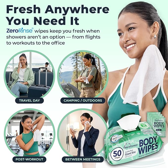 Body Wipes for Women, Extra Moist No Rinse Bathing Wipes (2pk), 100 XL Shower Cloths + 8 Deodorizing Bath Cloths - 10 x 11.5" Travel Size After Gym Cleaning Essentials, Toiletries for Womens Hygiene