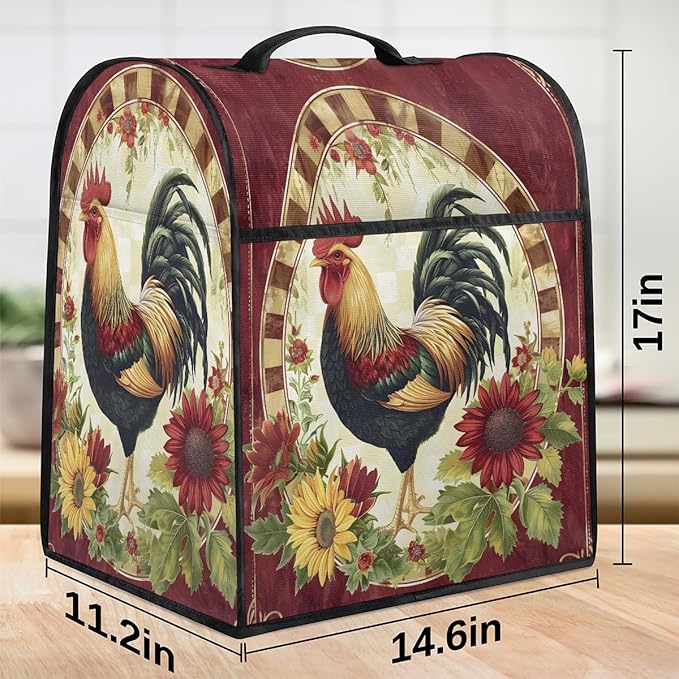 Kitchen Aid Mixer Cover Rooster Chicken Flower Vintage Stand Mixer Cover Compatible with 6-8 Quarts Stand Mixers, Dust Covers with Zipper Pocket Foldable Washable Kitchen Aid Organizer Bag