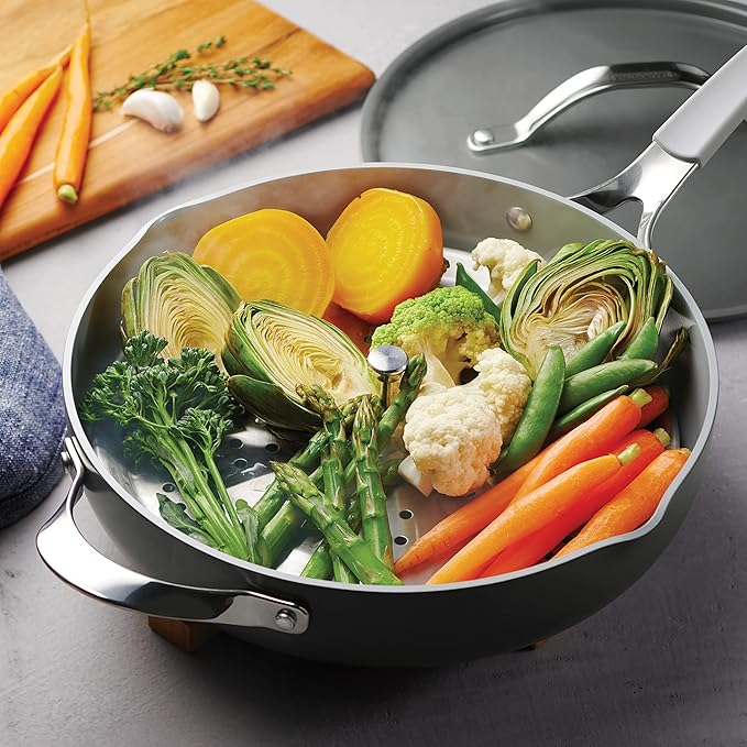 Tramontina All-in-One Plus Pan Set, 5-Quart Ceramic Non Stick Cooking Pan with Lid, Steamer Insert, Bamboo Utensil and Trivet, Gray