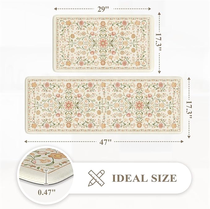 KIMODE Anti Fatigue Mats for Kitchen Floor Non Slip,Farmhouse Boho Floral Standing Kitchen Rugs Sets of 2,Comfort Cushioned Padded Ergonomic Carpet for Laundry Sink Office,Beige