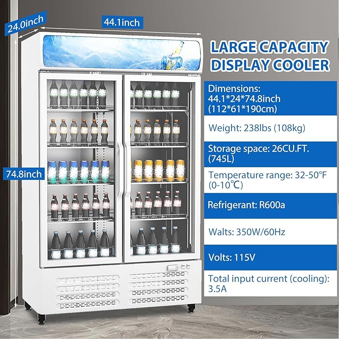 GarveeLife 25.3 Cu Ft Beverage Cooler with Glass Doors, Commercial Merchandiser Refrigerator - LED Lightbox & Universal Casters for Convenience Stores, Bars