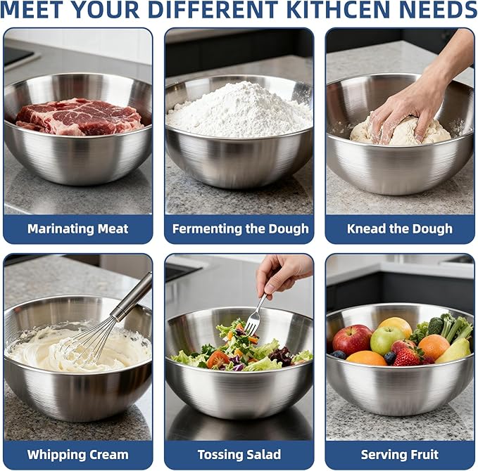 3-Piece Stainless Steel Mixing Bowls (7.1") Metal Bowl Set with Measurement Marks, Dishwasher Safe & Stackable - Perfect for Baking, Salad Making, Meal Prep and Kitchen Use