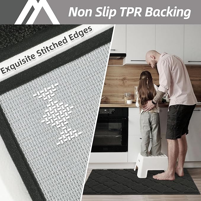 COSY HOMEER-Kitchen-Rugs 20"x48" Non-Slip Absorbent Soft Kitchen Runner Rug Polyester Kitchen Mats for Floor Washable Kitchens Standing Floor Mat for Sink Mat,Hallway,Laundry,Black
