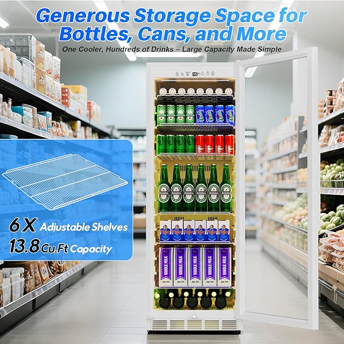 Commercial Display Beverage Fridge: 13.8 Cu Ft Upright Cooler with Glass Door, LED Lighting, Low Noise, and Rapid Cooling for Restaurants, Shops, and Offices (White)