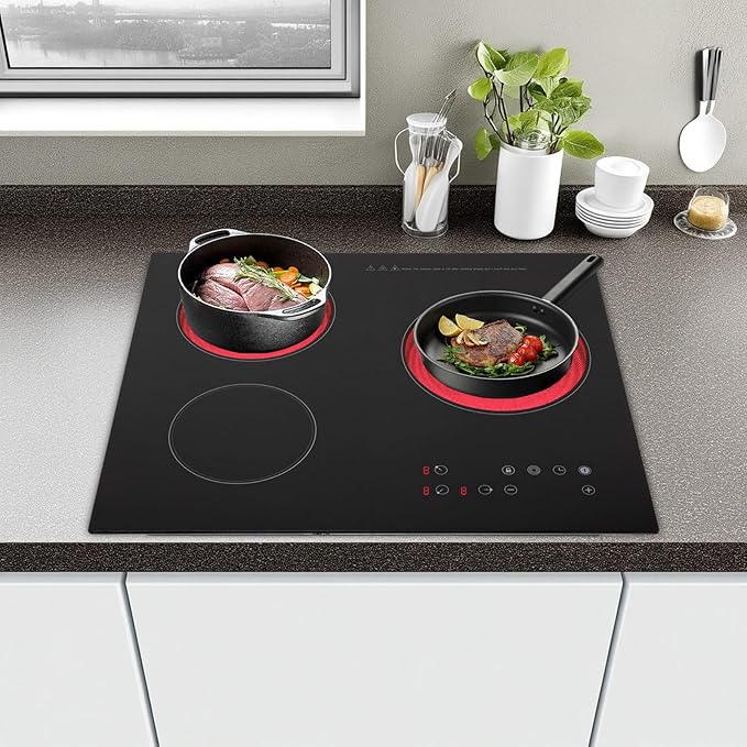 Countertop Ceramic Cooktop, 2600W 3 Burners with 9 Heating Levels, Touch Control Electric Stove with Timer & Child Safety Lock, Built-in & Portable Design for Kitchen Office RV