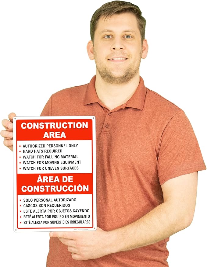 Brimar - 10" x 14" - Bilingual Construction Area Rules Sign - .055″ Polyethylene Plastic - Bilingual Design - Easy Installation
