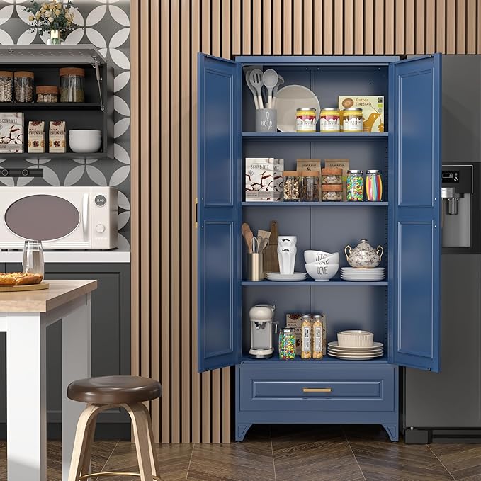 75" Kitchen Pantry Cabinet with Drawer, Metal Storage Cabinets with Doors and 4 Adjustable Shelves,Blue Kitchen Cabinet with 2 Gold Handles,Food Cupboard for Livingroom,Pantry, Bathroom