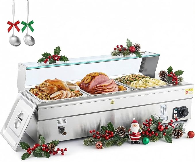 WILPREP 3-Pan Commercial Food Warmer with Sneeze Guard, Three 1/2 Pans, 1500W Countertop Electric Steam Table, 86-185°F Adjustable Temp Control, Stainless Steel Buffet Bain Marie