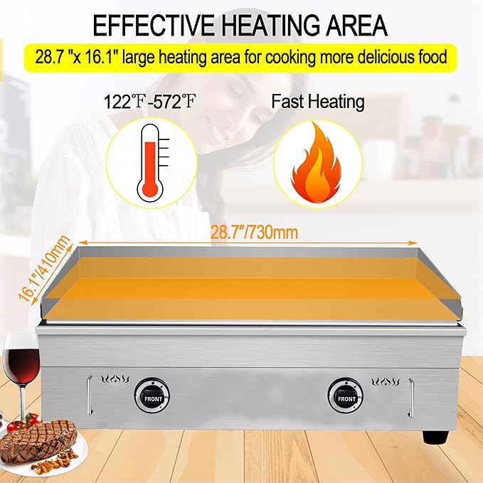 TECHTONGDA LPG Gas Countertop Flat Top Griddle Commercial Stainless Steel Griddle Grill Hot Plate BBQ Teppanyaki Grill with Adjustable Temperature Control for Restaurant Kitchen 2800Pa 28.94x16.14 in