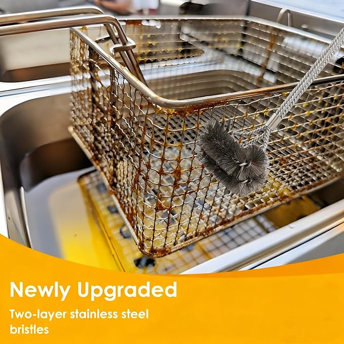 3Pcs Deep Fryer Cleaning Tools, Include L-Shaped Fryer Cleaning Brush Stainless Steel Bristle Fryer Cleanout Rod, Deep Fryer Basket Cleaning Brush Kit for Kitchen Restaurant Bakery