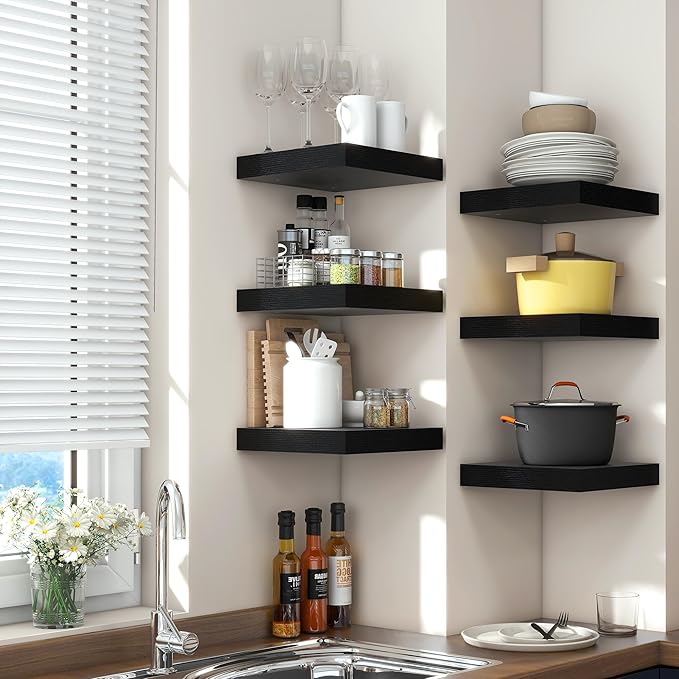 Square Floating Shelves for Wall 12"W x 12"D x 1.4"H, Small Engineered Wood Wall Shelves with Invisible Brackets for Living Room Bedroom Bathroom Office Kitchen Storage Decor, Black Finish, Set of 3