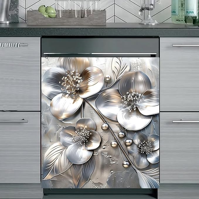 Silver Embossed Flower Magnetic Dishwasher Cover 23x26 Inch Floral Pearl Panel for Fridge Appliance Kitchen Door Magnet Sticker Surface Wrap Decorative Metal Look Art