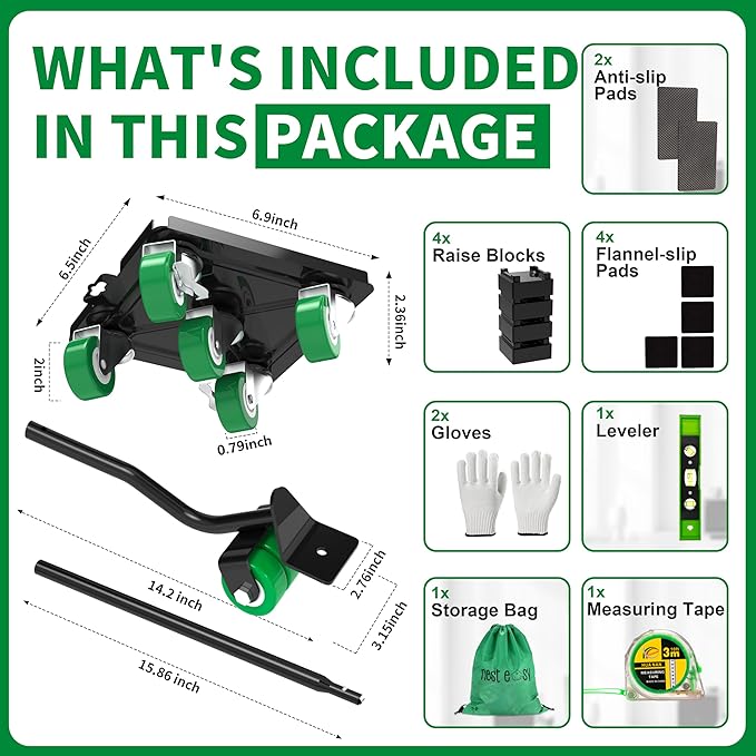 Upgraded Heavy Duty Furniture Dolly 360° Rotating 5 Wheels, Alloy Steel Furniture Movers Up to 3748 lbs/1700 Kg Load Capacity with Measure Tape and Leveler (6.9x6.5 in)