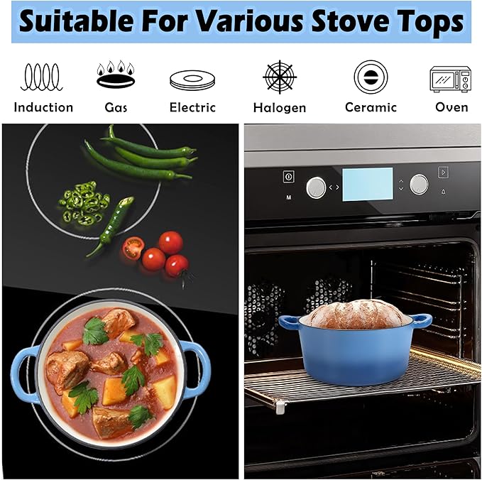 TeamFar 3qt Dutch Oven, Small Enameled Cast Iron Dutch Oven Pot with Lid, For Bread Baking/Stewing/Braising/Frying, Various Stoves & Oven Safe, Non-stick & Easy Clean, Blue