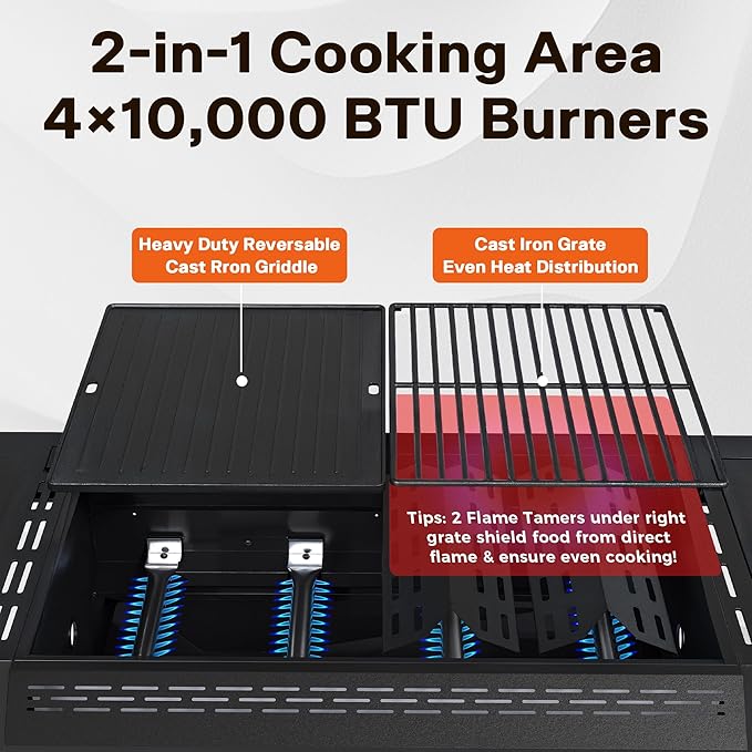 4-Burner Propane Gas Grill, 50,000 BTU Heavy Duty Outdoor BBQ Grill with Side Burner, Cast Iron Cooking Grates & Griddle for Backyard Barbecue