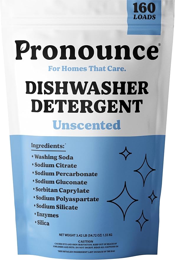 Pronounce Dishwasher Detergent - Cleaner Ingredients, Fragrance Free - Ultra Concentrated Dish Powder, Cuts Grease and Grime, Dishwasher Pods Alternative (Residue-Free). (160 Loads, Unscented)