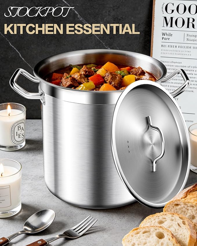 20 Quart Soup Pot with Lid – Stainless Steel Stock Pot, Heavy Duty Cooking Pot for Soup, Pasta, Stew – Induction & Oven Safe, Commercial & Home Use