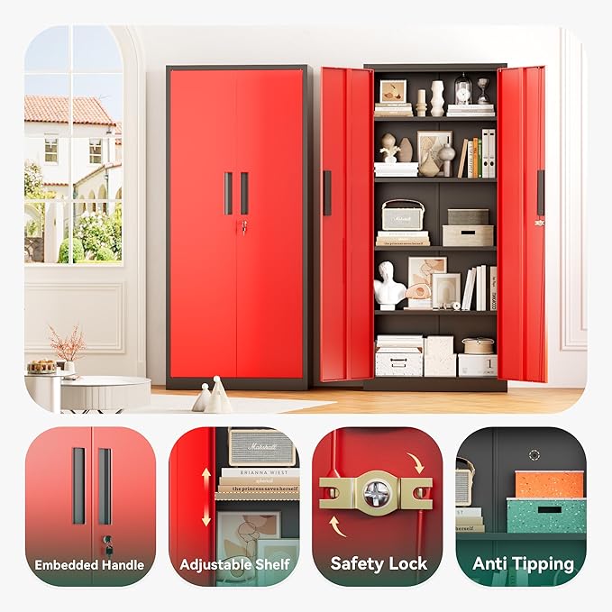 Greenvelly Metal Storage Cabinet, 63" H Locking Metal Storage Cabinet with Doors and 4 Shelves, Lockable Steel Cabinets for Kitchen, Bedroom, Living Room, Office (Red)