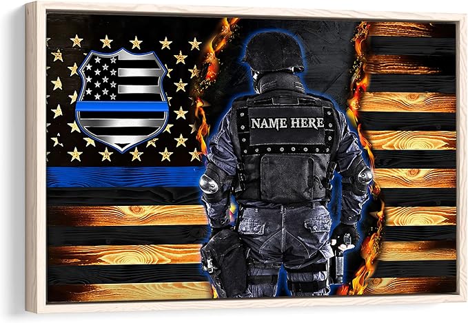 Personalized Police Poster & Framed Canvas, Proud Thin Blue Line Flag Patriotic Home Office Decor, Custom Name Bedroom Living Room Aesthetic Wall Art Gift For Policeman, Law Enforcement