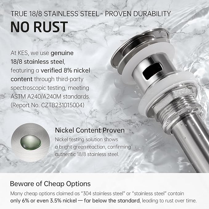 KES Bathroom Vessel Vanity Sink Pop Up Drain Stopper with Overflow for 1.6"-1.9" Sink Hole, All Metal Rustproof Brass and 304 Stainless Steel, Brushed Nickel, S2008A-BN