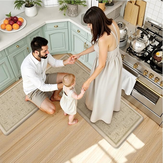 KIMODE Kitchen Mats for Floor Cushioned Anti Fatigue,Boho Farmhouse Kitchen Rugs Sets of 2,Cushioned Floor Mats Non Slip,Memory Foam Kitchen Mat for Laundry Sink Office Home,Khaki