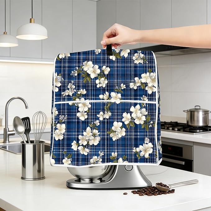Stand mixer cover with handle and storage bag, reusable and washable, stylish retro floral design, keeps kitchen countertops clean and tidy (fits 6-8 quart mixers).