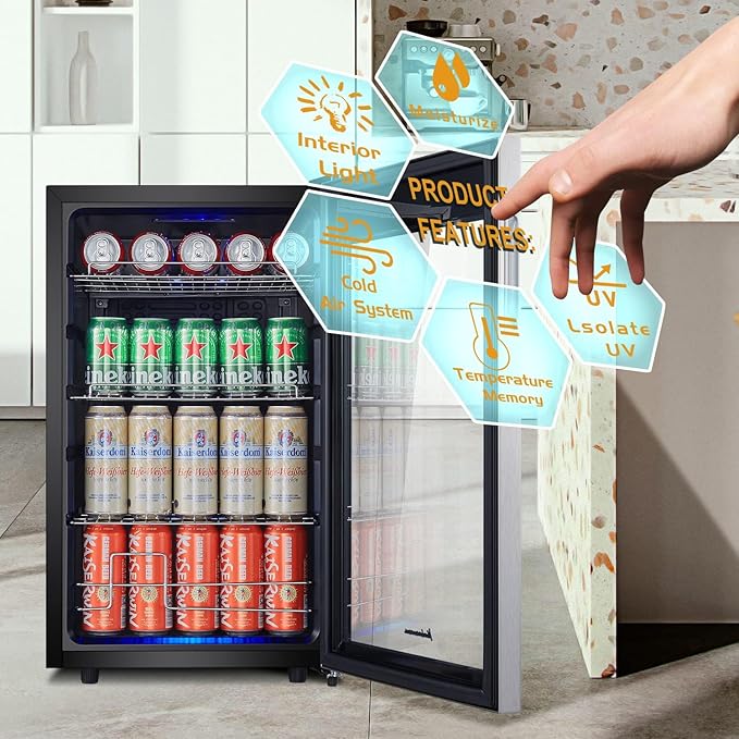 Kalamera Mini Beverage Refrigerator Cooler- 102 Cans Capacity Freestanding- For Kitchen or Bar with White Interior Light