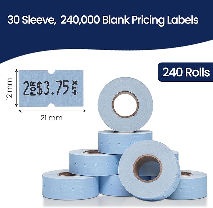 Perco 1 Line Blue Labels - Case of 30 Sleeves, 240,000 Blank Pricing Labels for Perco Lite, X, Plus and Pro 1 Line Price and Date Guns