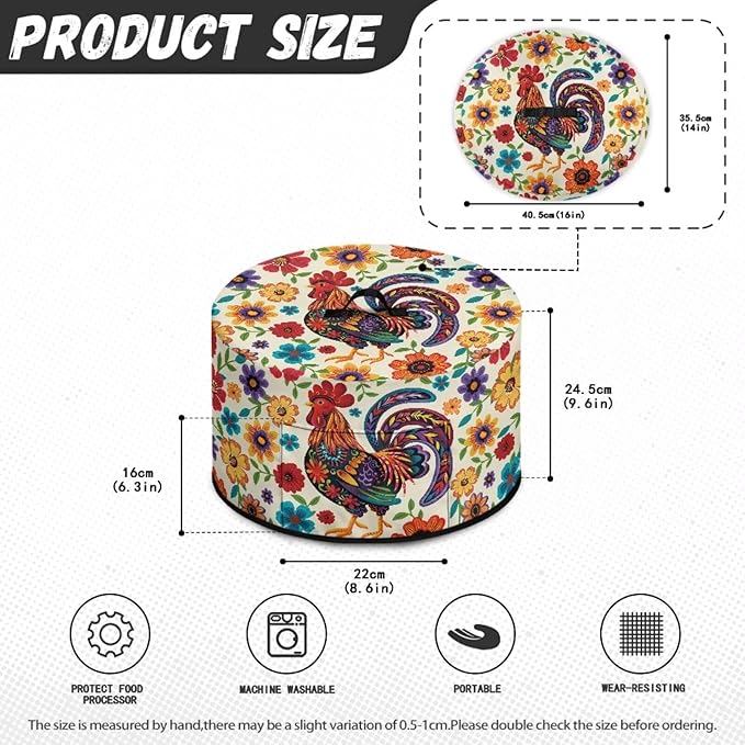 Rooster Colorful Floral Print Oval Slow Cooker Cover with Side Pocket for Small Kitchen Appliance Rice Cooker Cover Keep Kitchen Clean and Easy to Use, 16 x 14 x 9.6 inch