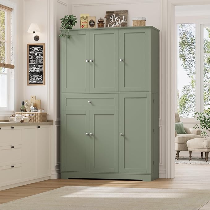 HOSTACK 68" Tall Kitchen Pantry Storage Cabinet, Modern Kitchen Hutch Cabinet with Doors and Shelves, Freestanding Food Pantry with Large Storage Drawer for Dining Room, Living Room, Green