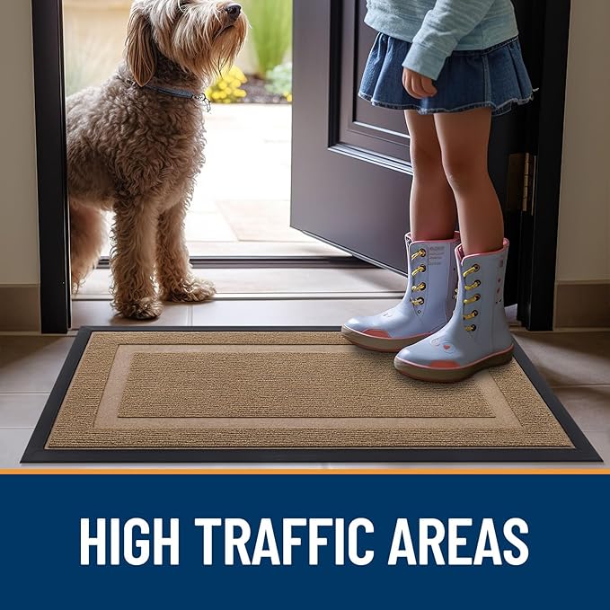 OLANLY Front Door Mat Indoor Outdoor Entrance, Waterproof All-Season, All-Weather Doormat, Sturdy Natural Rubber, Fade Resistant, Low Profile, Easy Clean Patio Porch Entryway Mat, 59x40, Light Borwn