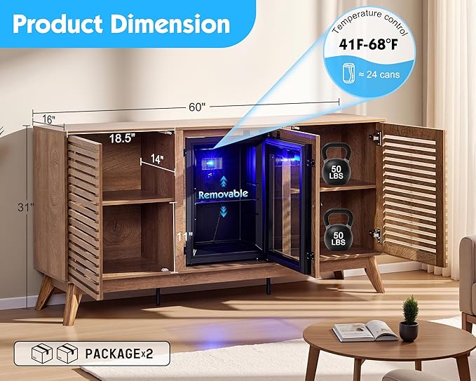 60" Beverage Cooler Cabinet with Built-in Mini Fridge – 24-Can Capacity Beverage Refrigerator for Home Bar or Office – Wine & Coffee Bar Cabinet with Storage – Brown