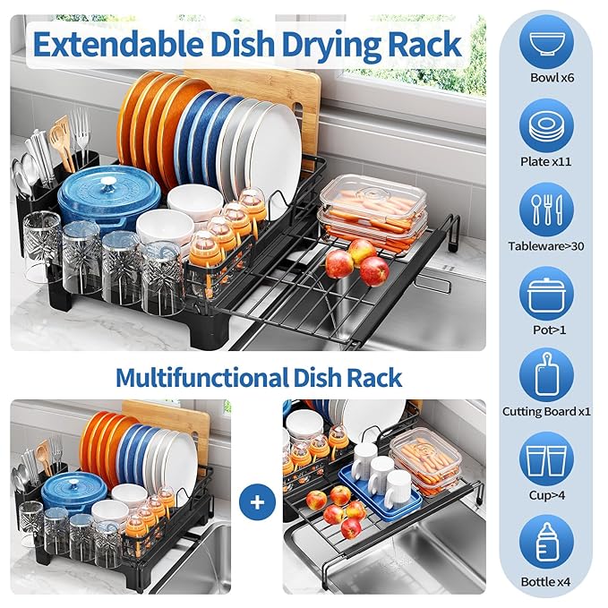 TOOLF Extendable Dish Drying Rack, 2 in 1 Multifunction Dish Rack for Kitchen Counter, Expandable Dish Drainer Over Sink, Large Plate Strainer with Drainboard & Cups Holder, Black