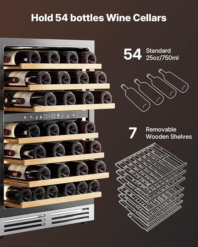 Upstreman 24 Inch Wine Fridge, 54 Bottles Dual Zone Wine Cooler Refrigerator, Small Built-in or Freestanding Wine Fridge with Stainless Steel Glass Door for Home, Office, or Kitchen, W54