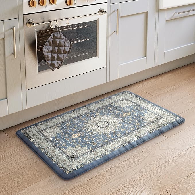 Collive Boho Blue Kitchen Mats Cushioned Anti Fatigue Mats, Non-Slip Kitchen Floor Mats, Kitchen Rugs for Sink, Laundry,Office, 17”x30” Waterproof Standing Desk Mat