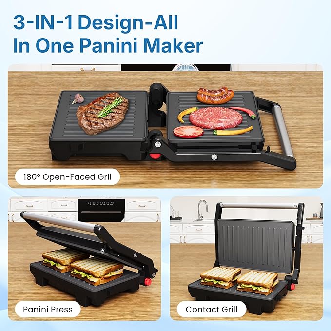 Panini Press Grill Indoor: Sandwich Maker with Nonstick Plates, Easy to Clean, 1000W Portable Panini Maker with Locking Lid, 3-in-1 Electric Grill Opens 180° for Cooking More