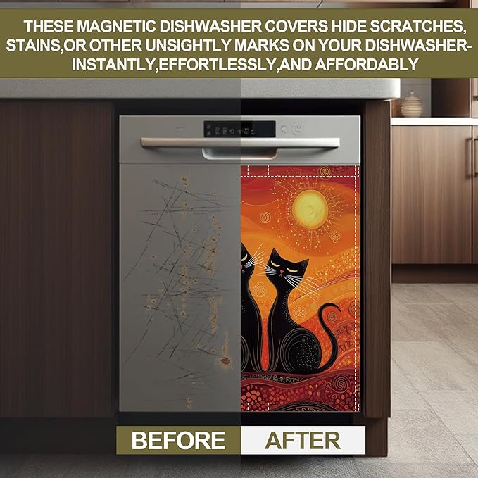 Black Cat Magnetic Dishwasher Cover,Ethnic Sun Dishwasher Covers for The Front Magnetic Dishwasher Panel Decal Cover for Kitchen 23x26inch