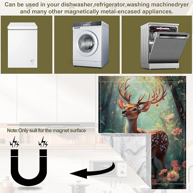Magnetic Dishwasher Cover,Beautiful Deer Reusable Dishwasher Magnetic Cover Forest Decorative Door Covers Panel for Home Kitcen 23" x 26"