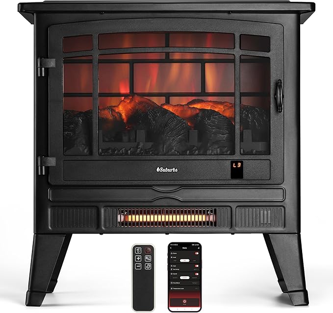 TURBRO Suburbs 25" WiFi Electric Fireplace Infrared Heater with Crackling Sound, Freestanding Fireplace Stove with Adjustable Flame Effects, Overheating Protection, Timer, Remote Control 1400W