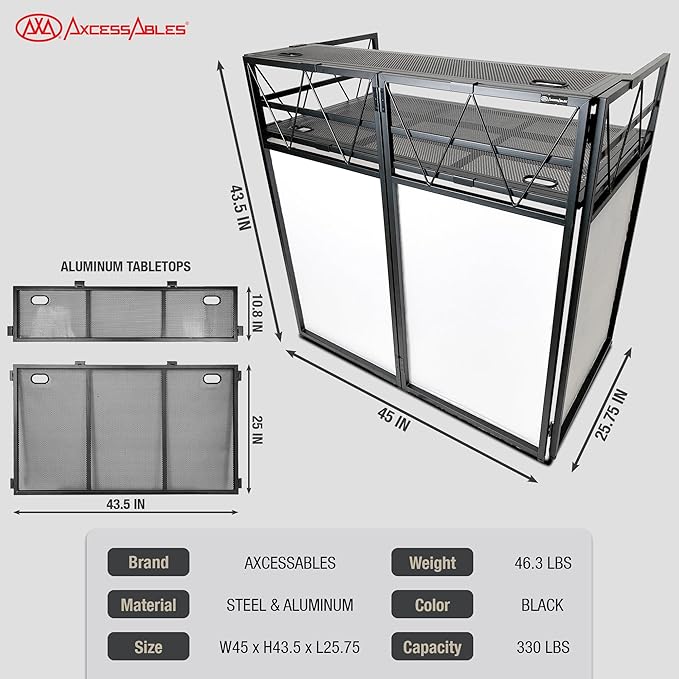 AxcessAbles Two-Tier Portable DJ Booth | Large DJ Table Stand w/ 43"x25" Desk Surface | 2 Ergonomic Table Heights | Black & White Facades, Carry Cases | DJ Laptop Controller Stand