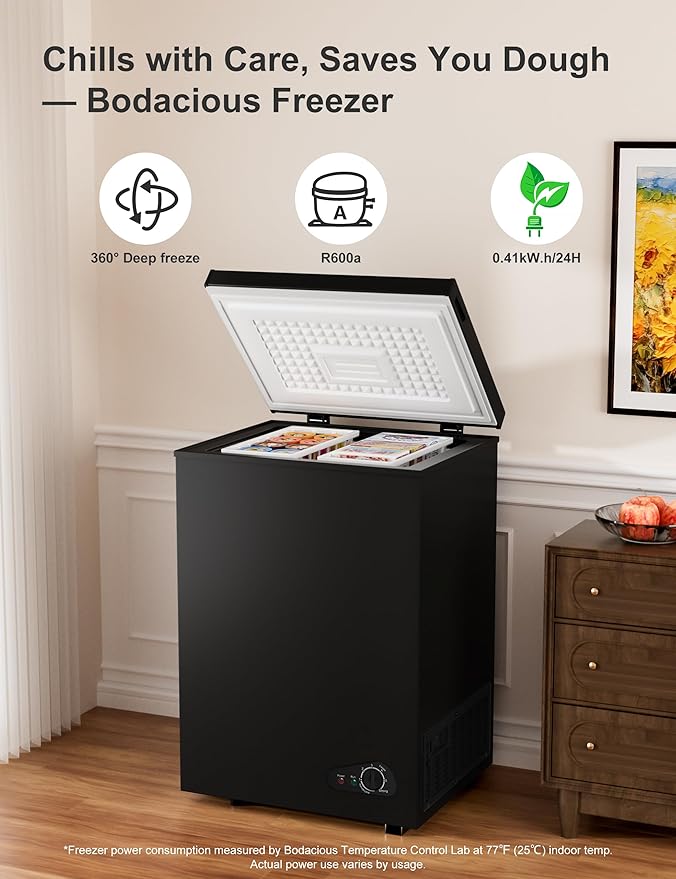5.0 Cu.Ft Chest Deep Freezer with 2 Removable Baskets, Energy Efficient (0.41kWh/24H), <40dB Ultra-Quiet, 6 Temp Control, Manual Defrost, Free Standing Top Open Door for Home Garage Basement, Black